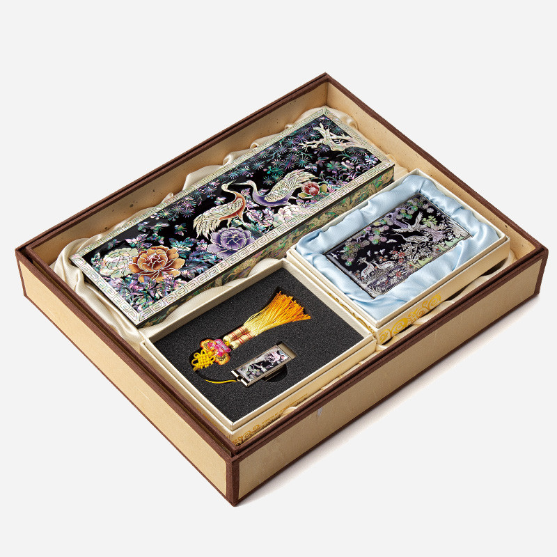 자개필함세트- 화려한 나전 송학(필함,명함케이스,usb32G) - 소나무와 학을 주제로 우아함과 자개 빛이 화려한 송학도 필함 3종세트