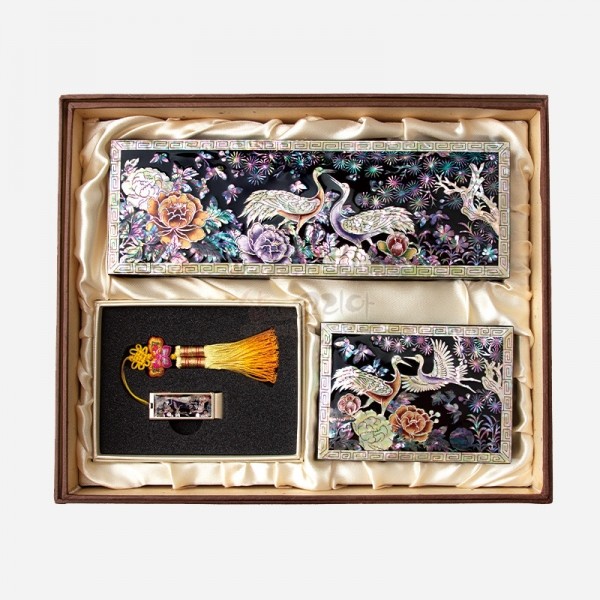 자개필함세트-화려한 나전 송학(필함,명함함,usb32G) - 소나무와 학을 주제로 우아함과 자개 빛이 화려한 송학도 고급 필함 3종세트