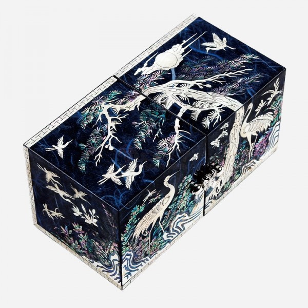 한지 나전칠기 자개쌍합 송학(청색) - 한지 위에 천년의 빛 자개를 덮다