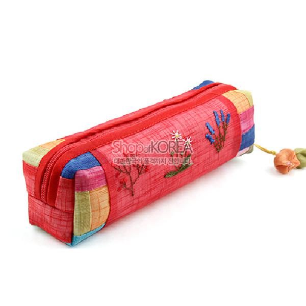 꽃자수 모시 필통-적색 - 꽃무늬가 돋보이는 예쁜 모시 필통