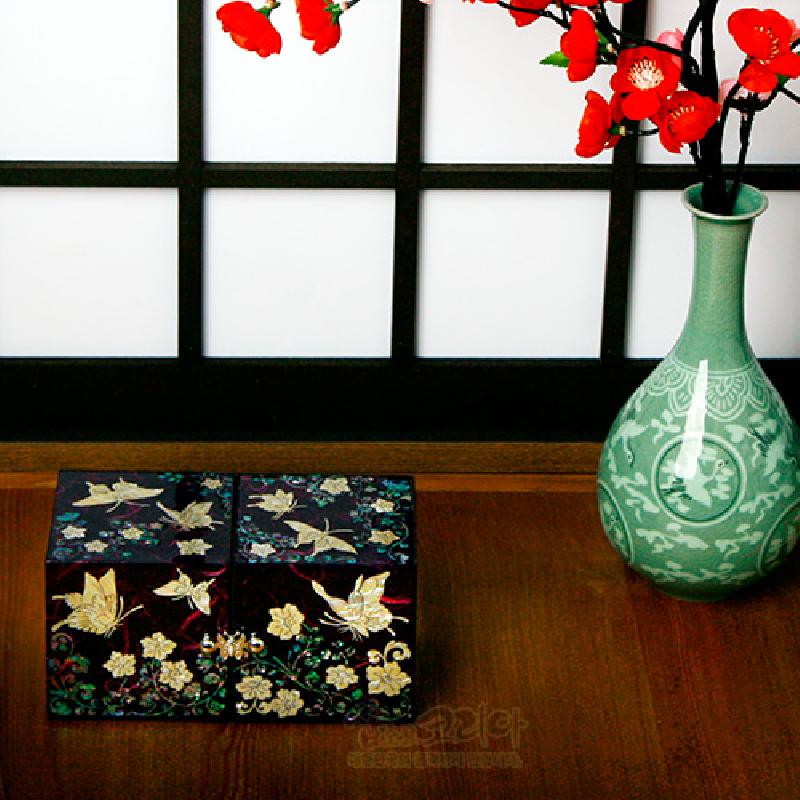 한지와 자개-쌍합 당초나비(보라)